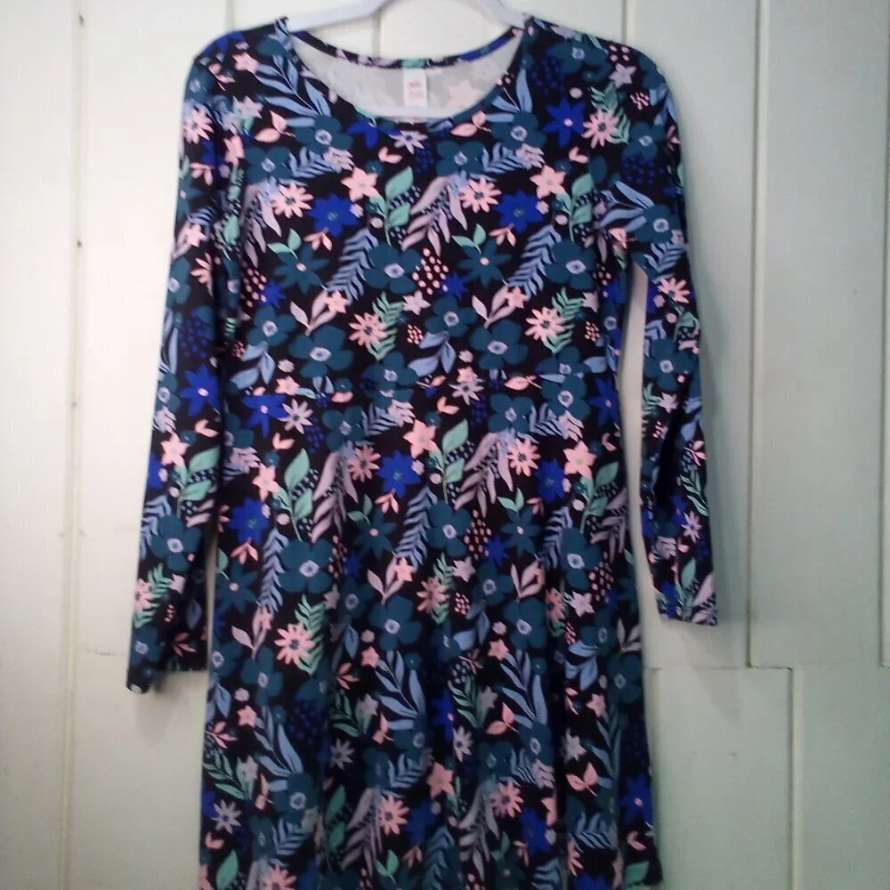 Justice Dress Girls 14 Plus Long Sleeve Floral Pattern Black Blue